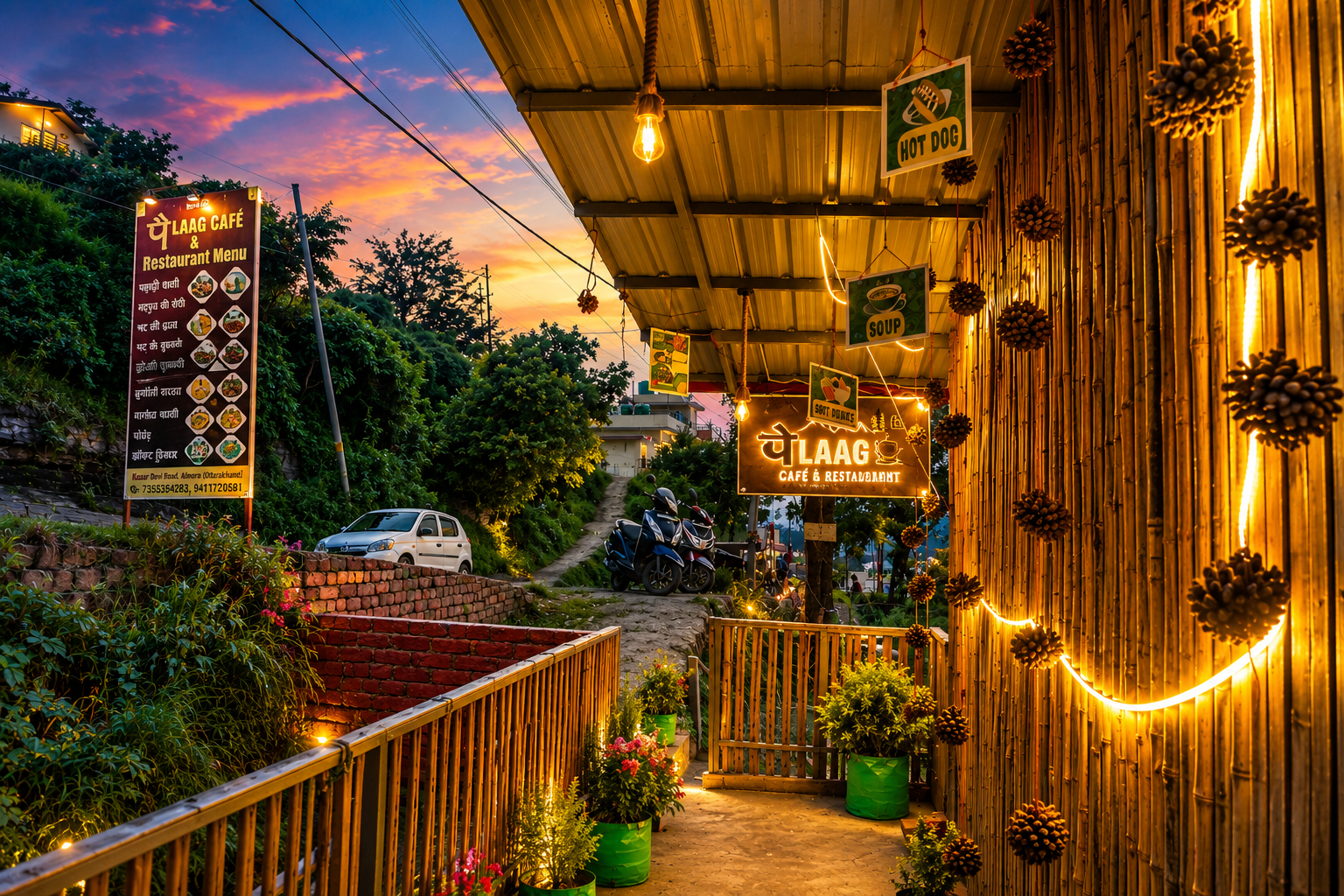Bamboo-lined pathway leading to Pailaag Homestay and Restaurant, lit with string lights
