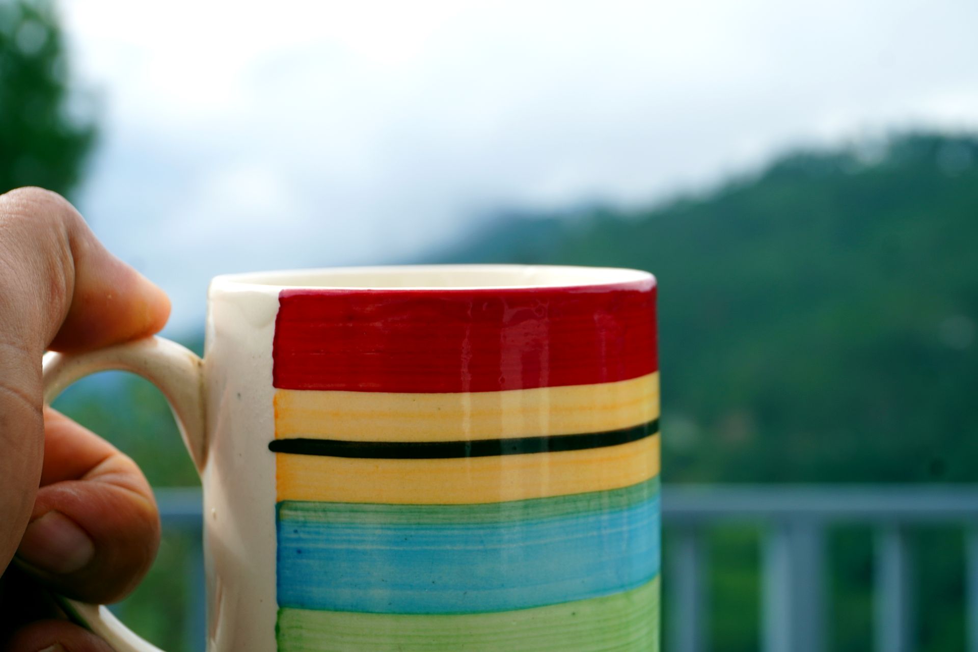 Hand-painted mug of morning chai held up against the misty valley