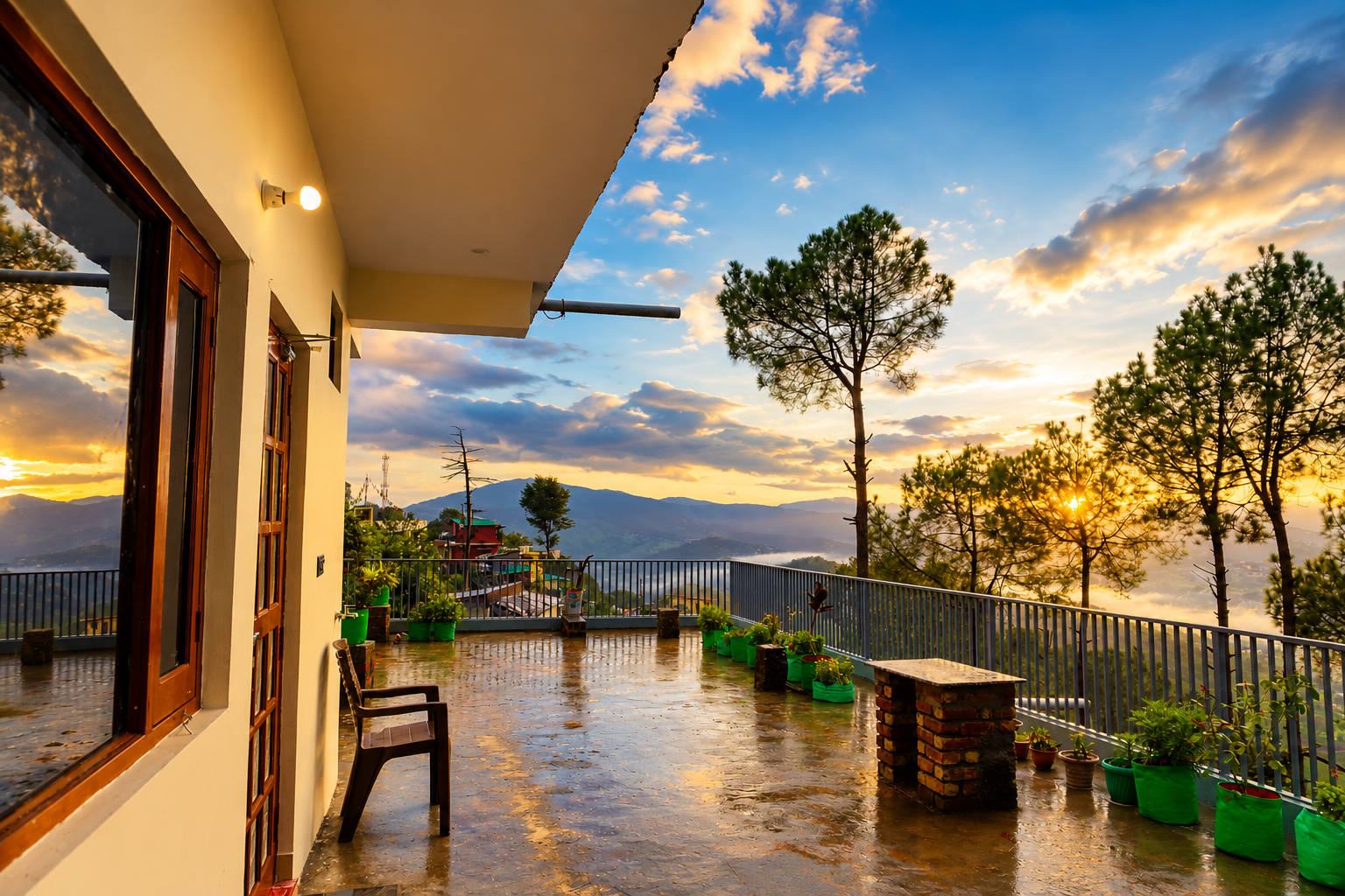 Wet terrace floor with mountain view after rain